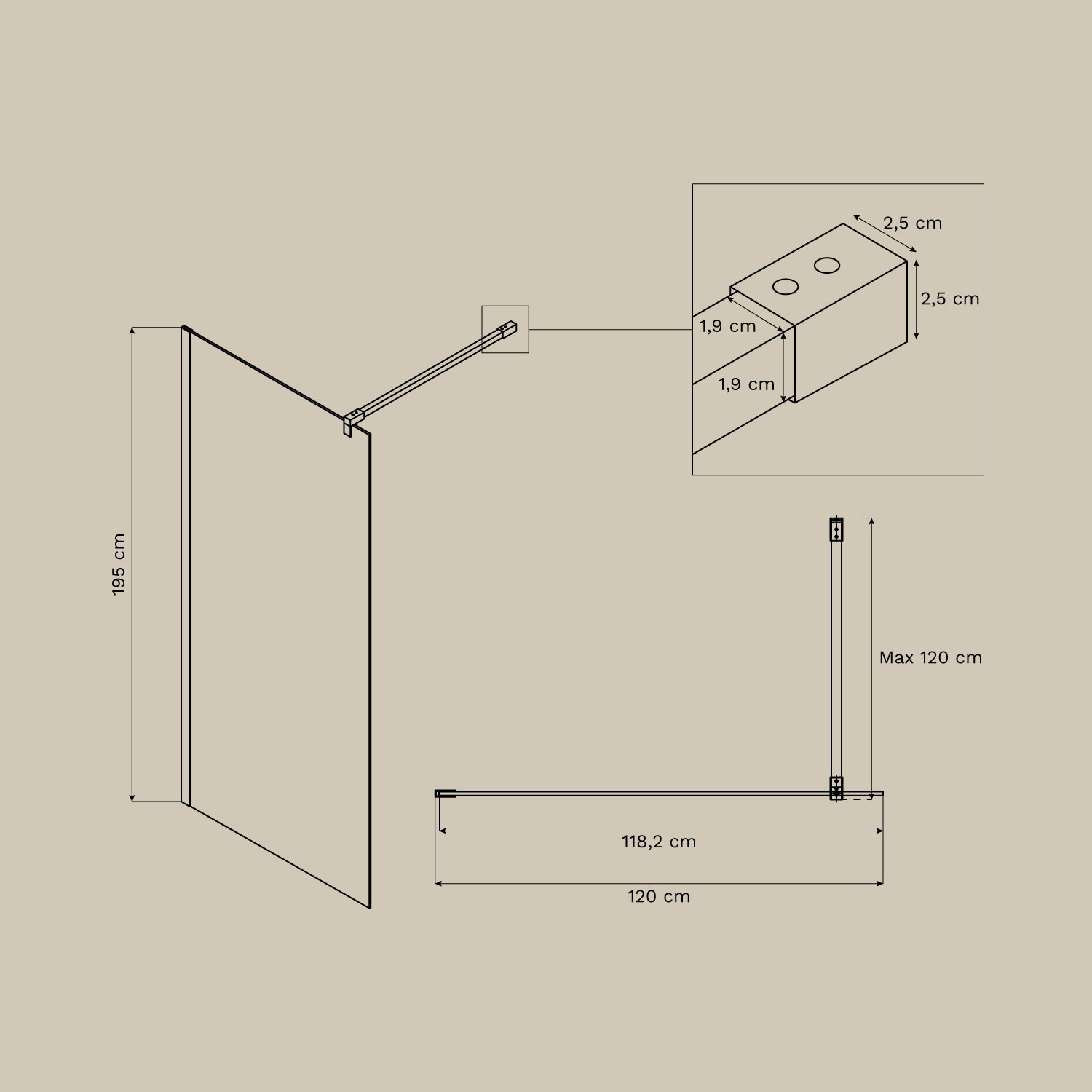Fixed shower screen with 8 mm tempered glass and Bristol aluminum, medidas