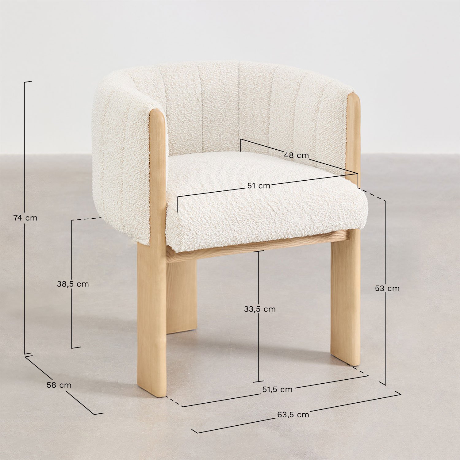 Pack of 4 dining chairs in ash wood and Leo bouclé fabric, medidas