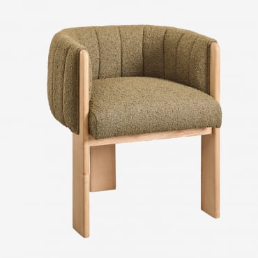 Armchair In Ash Wood And Bouclé Fabric Leo Army Green Bouclé - Sklum