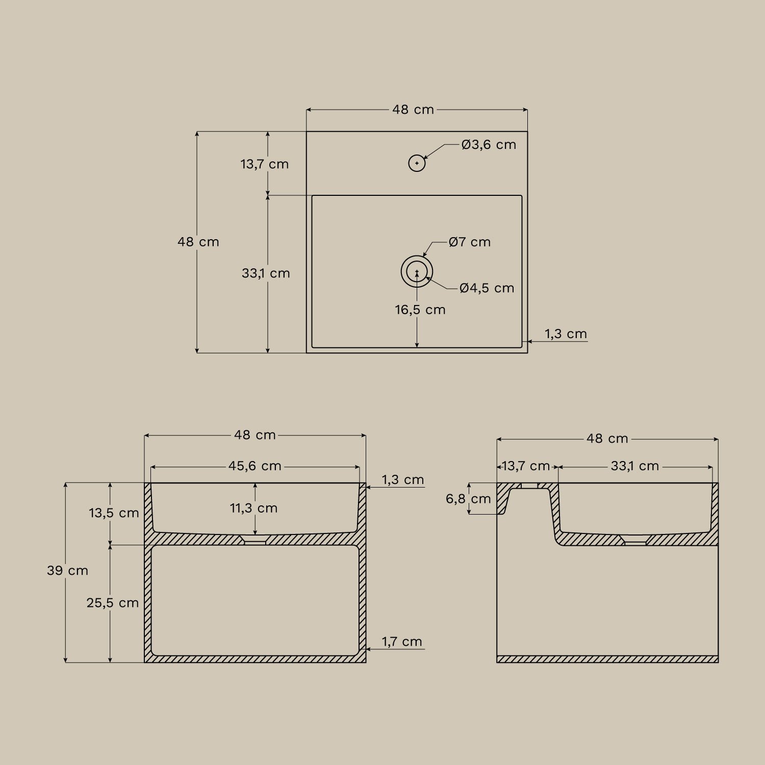 Olympus square sink with storage in cement, medidas