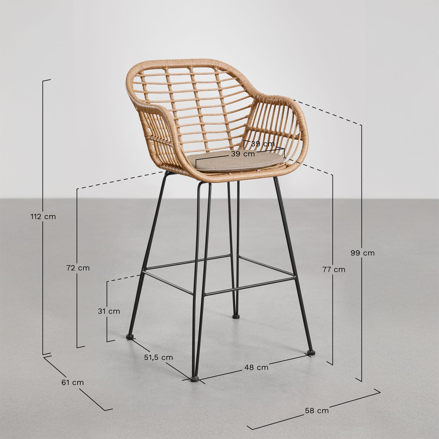 Zole high synthetic wicker garden stool, medidas