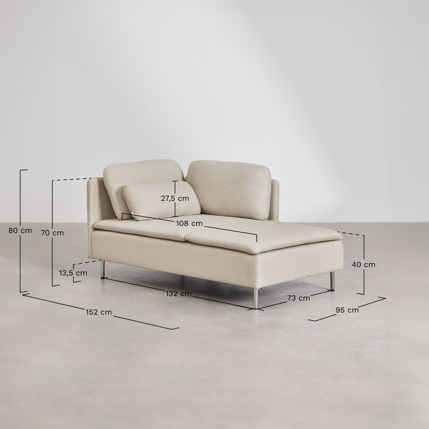 Right chaise longue module with armrests for Oriol modular sofa, medidas