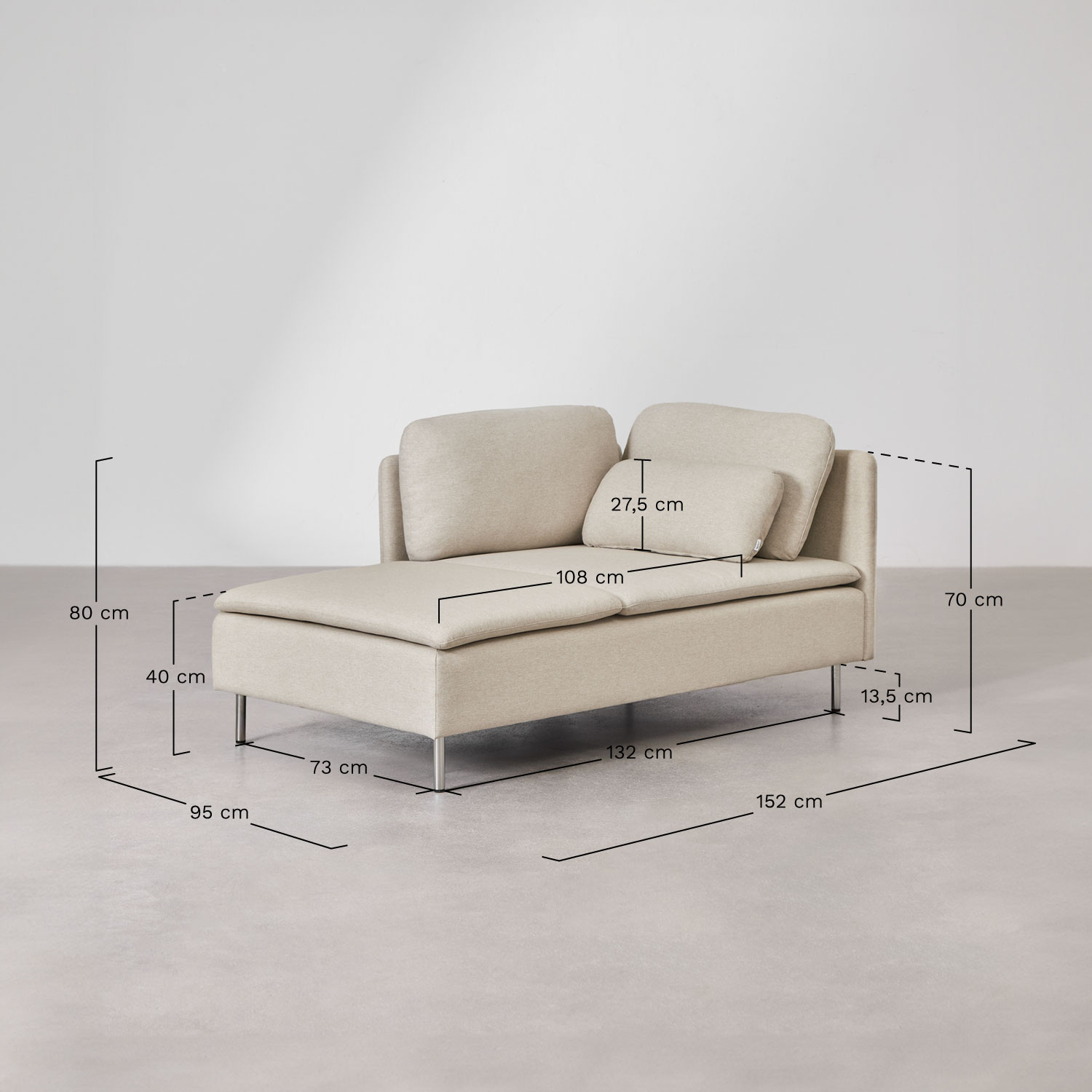Left chaise longue module with armrests for Oriol modular sofa, medidas