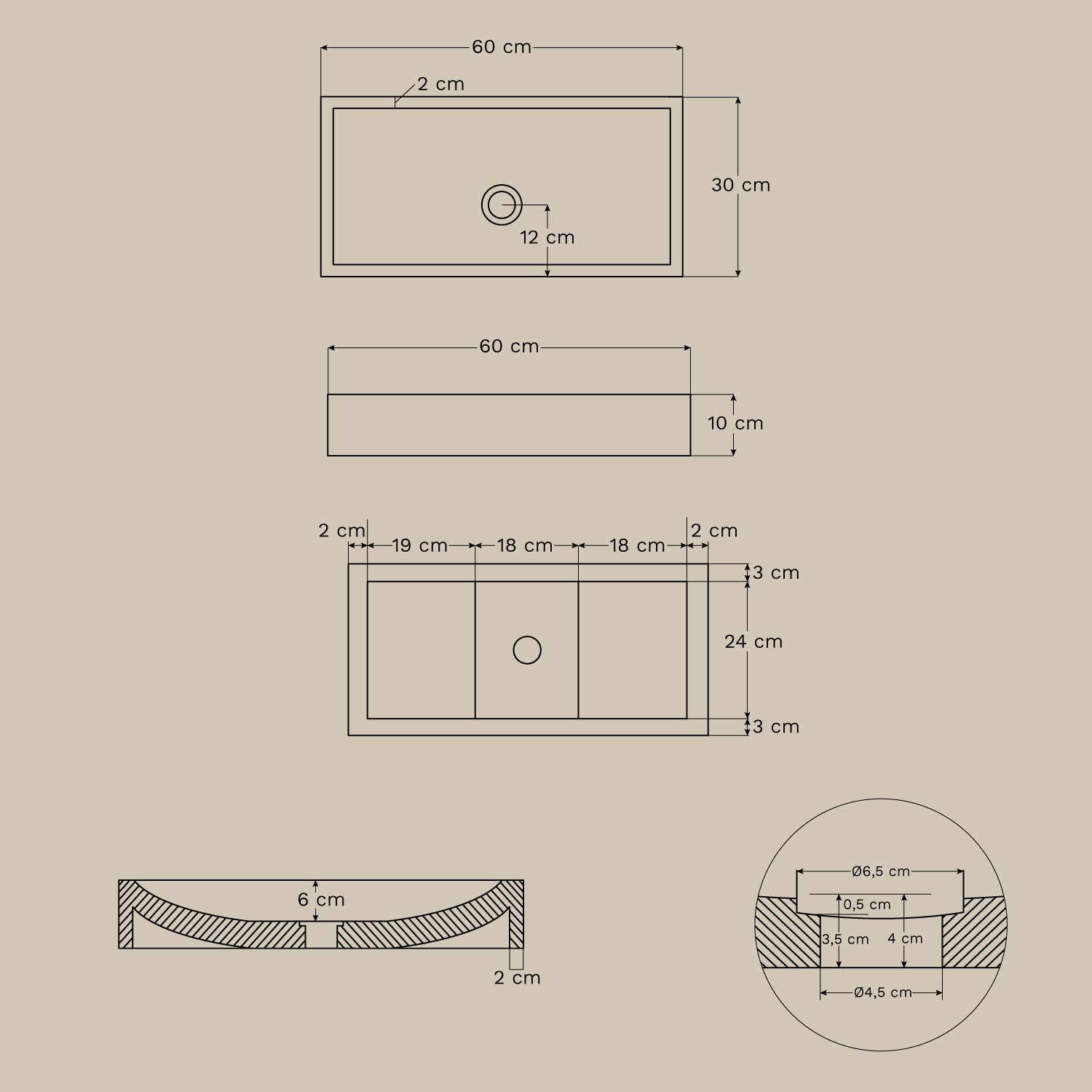 Rectangular washbasin 60x30 cm in Richard cement, medidas