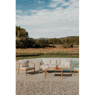 Kaela Garden Set With Sofa, 2 Armchairs And Coffee Table In Acacia Wood Light Brown Acacia & 3 Seater & Fabric Gardenia White - Sklum