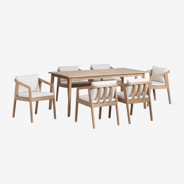 Set Of Rectangular Table 180x90 Cm And 6 Garden Chairs In Acacia Wood Kaela Light Brown Acacia & Fabric Gardenia White - Sklum