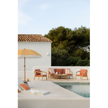 Garden Set With 3-seater Sofa, 2 Armchairs And Coffee Table In Acacia Wood And Braided Rope Kaela Light Brown Acacia & Fabric Red Roof Tile - Sklum