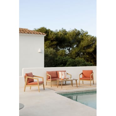 Garden Set With 2-seater Sofa, 2 Armchairs And Coffee Table In Acacia Wood And Braided Rope Kaela Red Roof Tile & Light Brown Acacia - Sklum