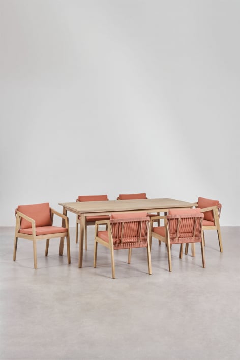 Rectangular table set 180x90 cm and 6 dining chairs in acacia wood and braided rope Kaela