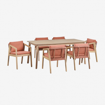 Rectangular Table Set 180x90 Cm And 6 Dining Chairs In Acacia Wood And Braided Rope Kaela Light Brown Acacia & Fabric Red Roof Tile - Sklum