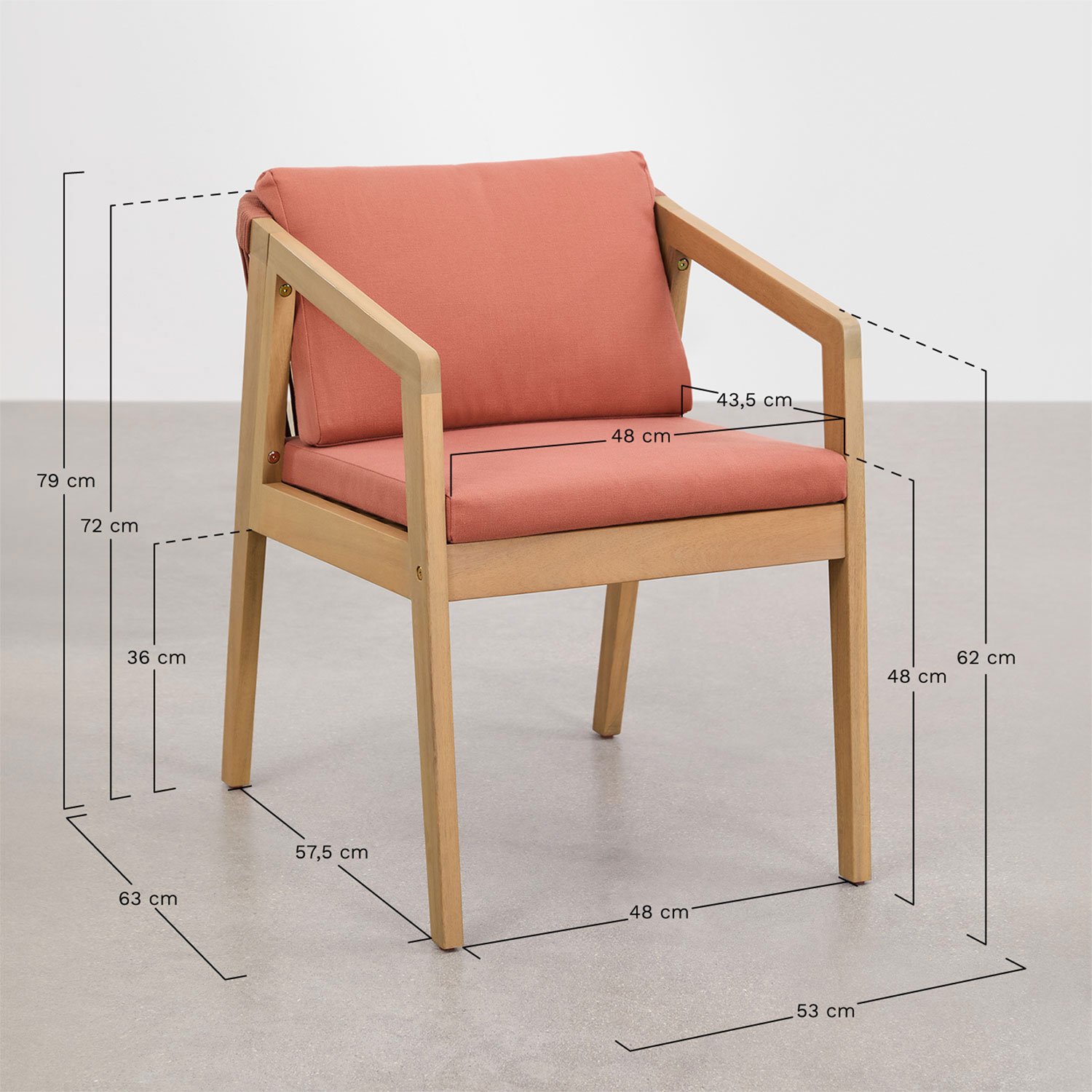 Rectangular table set 180x90 cm and 6 dining chairs in acacia wood and braided rope Kaela, medidas