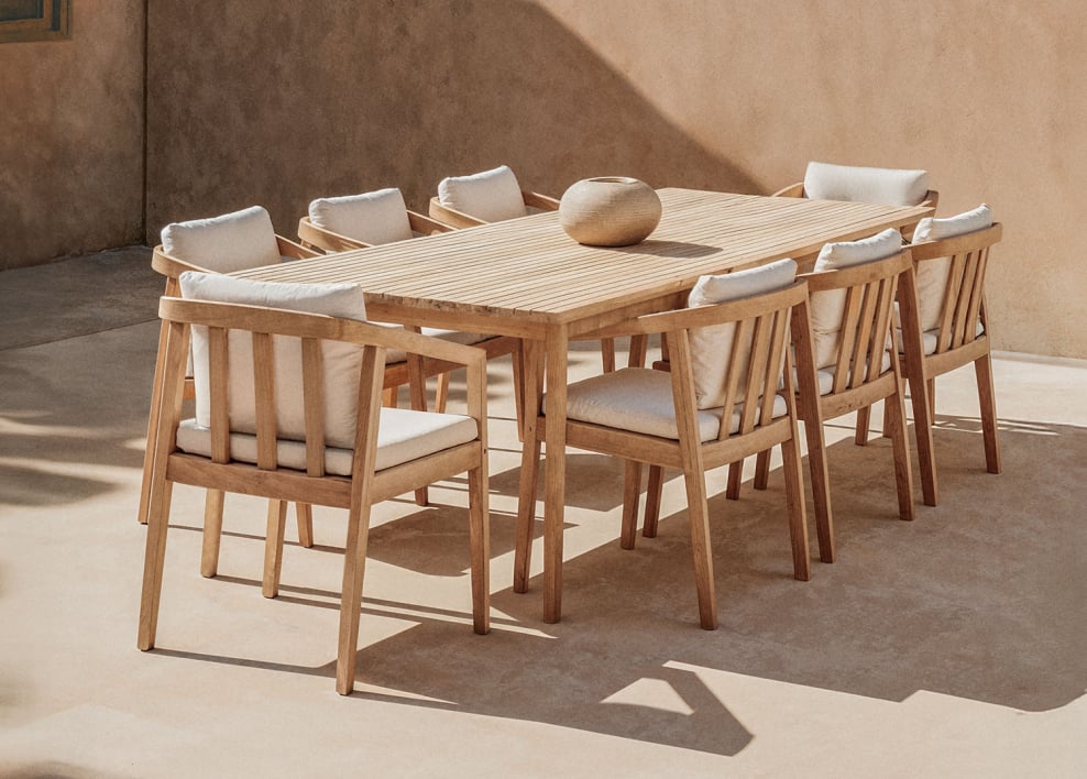 Rectangular table set 220x100 cm and 8 garden chairs in acacia wood Kaela