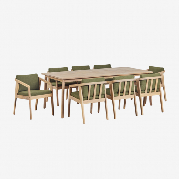 220x100 Cm Rectangular Table Set And 8 Garden Chairs In Acacia Wood Kaela Light Brown Acacia & Army Green Bouclé - Sklum