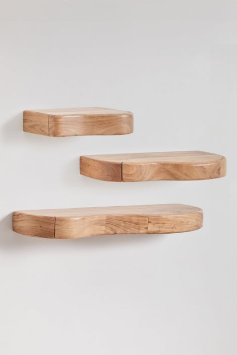 Set of 3 wall shelves with storage in acacia wood Nireimi