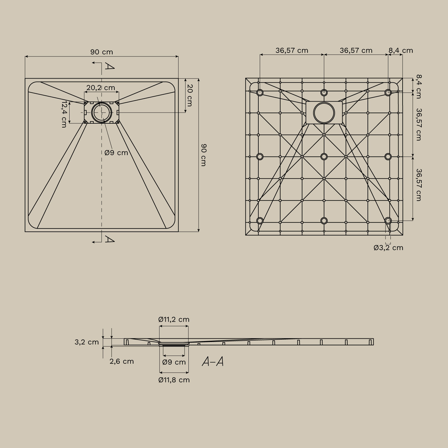 Soho square, non-slip, extra-flat SMC resin shower tray, medidas