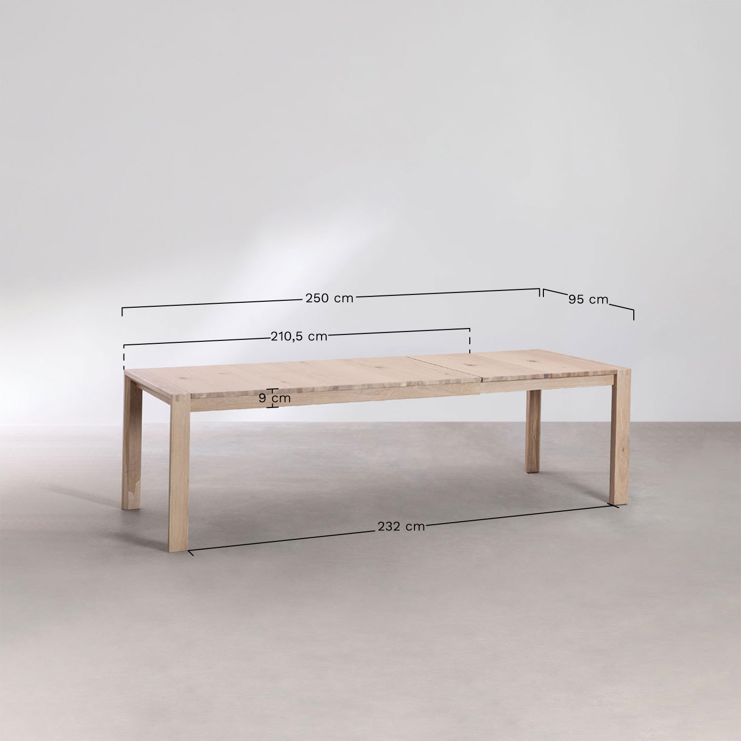 Rectangular dining table 170-250x95 cm extendable in Quëbi wood, medidas