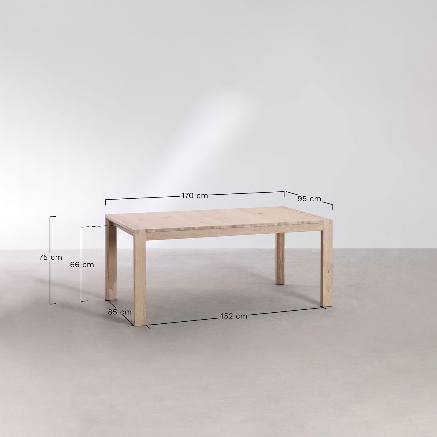 Rectangular dining table 170-250x95 cm extendable in Quëbi wood, medidas