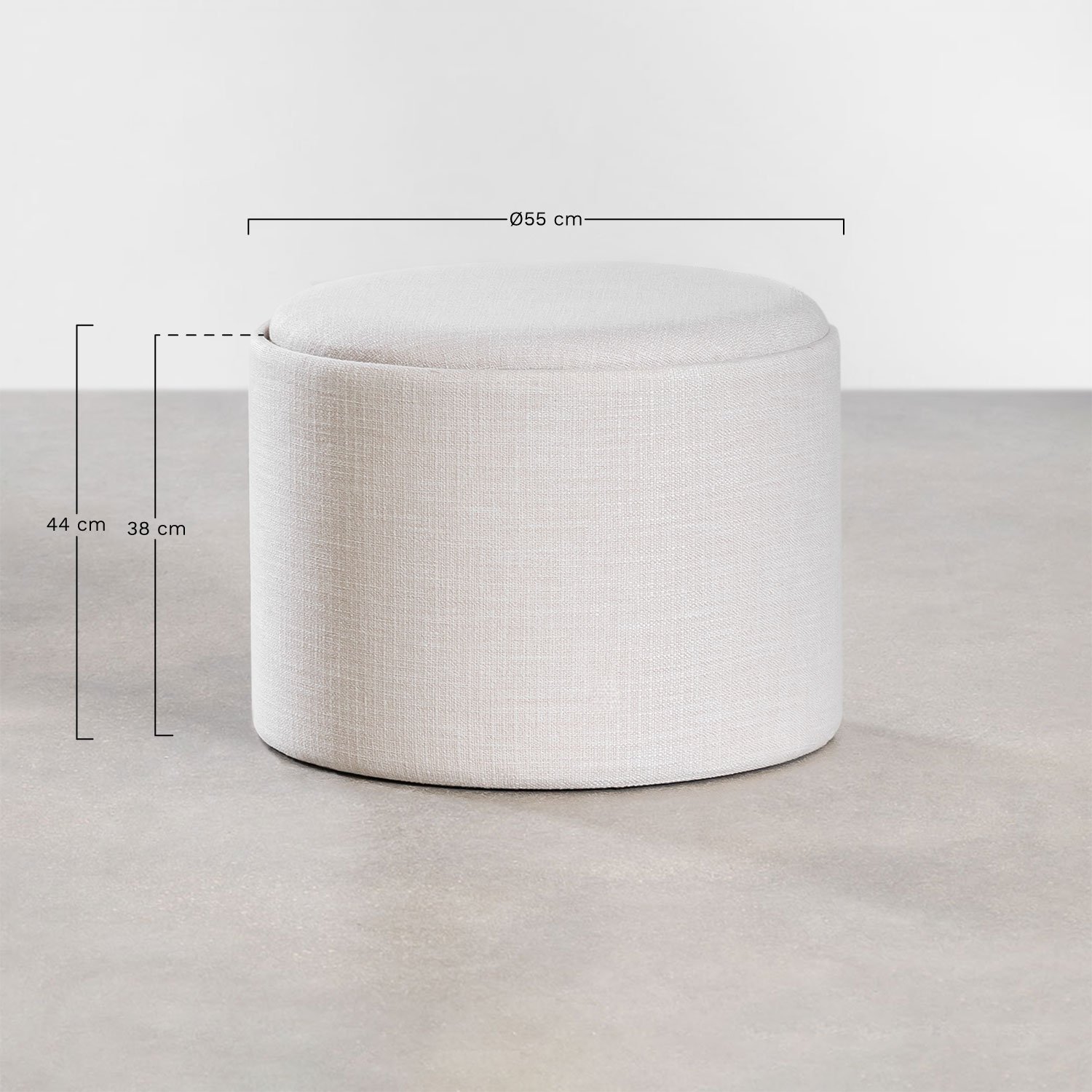 Berkeleni round upholstered pouf with tray and storage, medidas