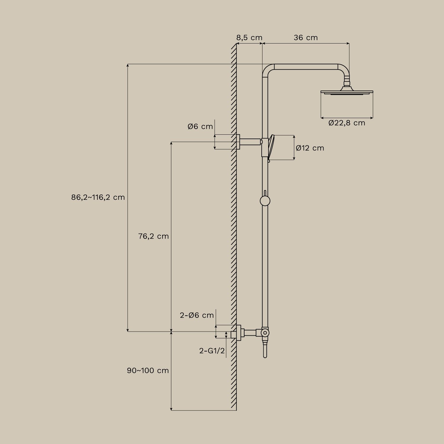 Thermostatic brass shower column Orveta, medidas