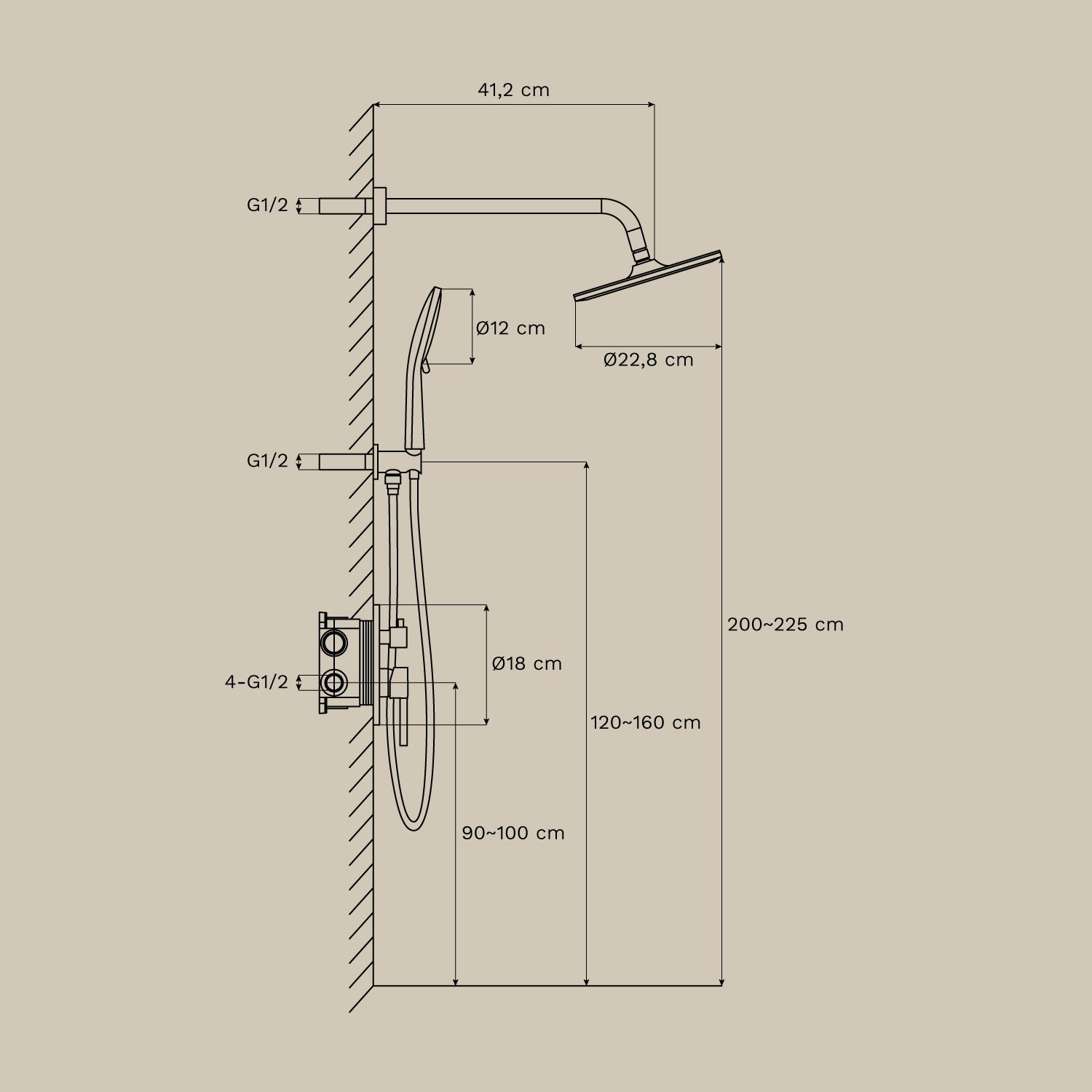 Orveta brass built-in shower column, medidas
