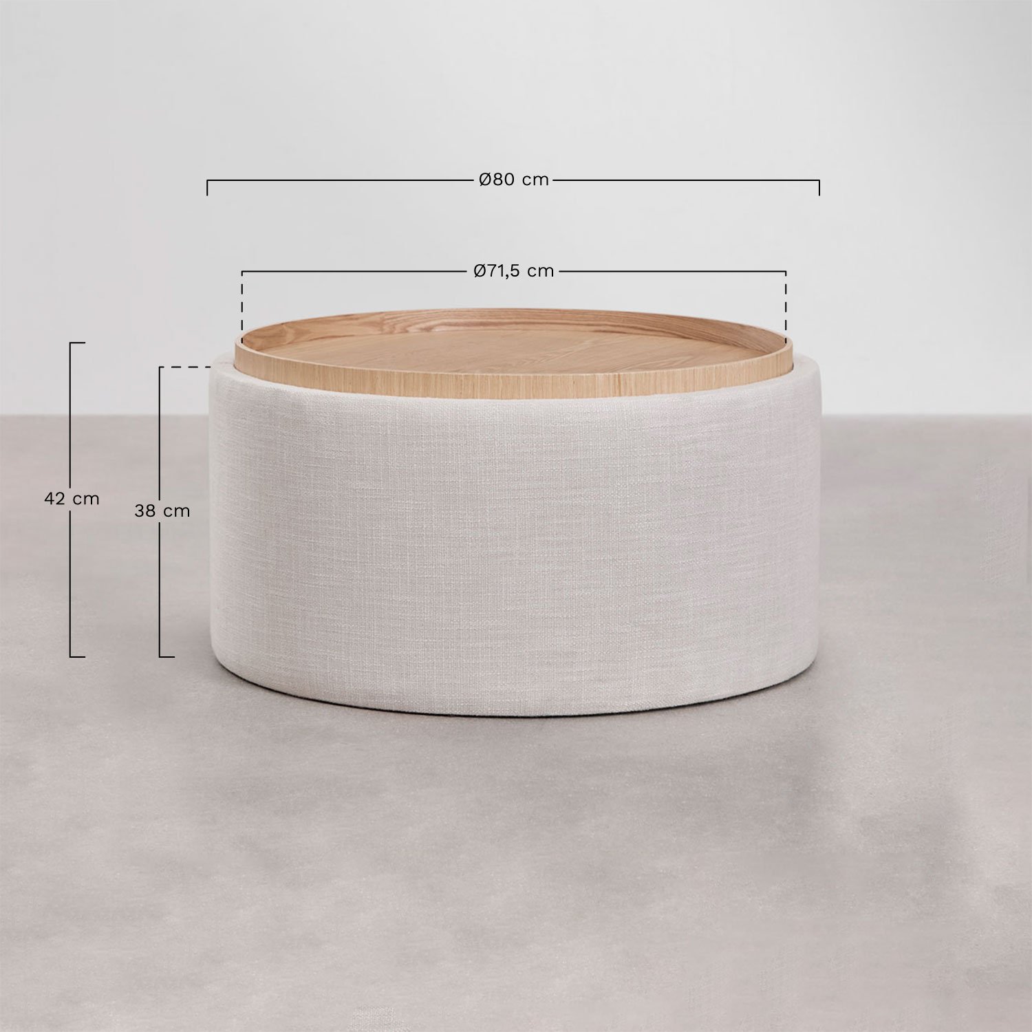 Berkeleni round upholstered coffee table with tray and storage, medidas