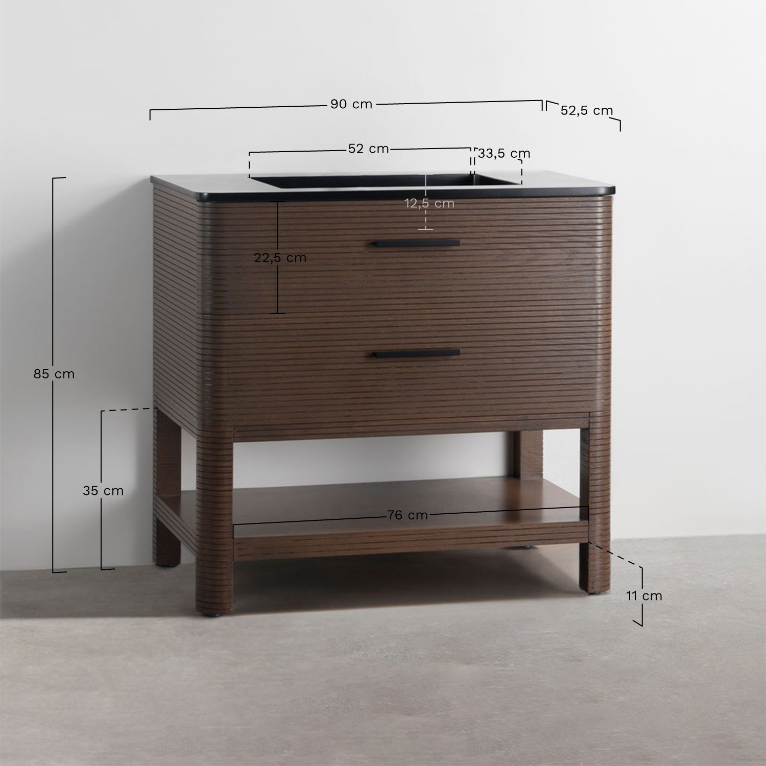 Bathroom furniture set in wood with integrated sink Misene, medidas
