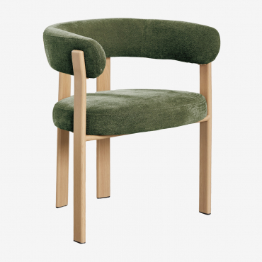 Pack Of 4 Upholstered Dining Chairs With Armrests And Iron Frame Jolie Natural Wood Brown & Chenille Sage Green - Sklum