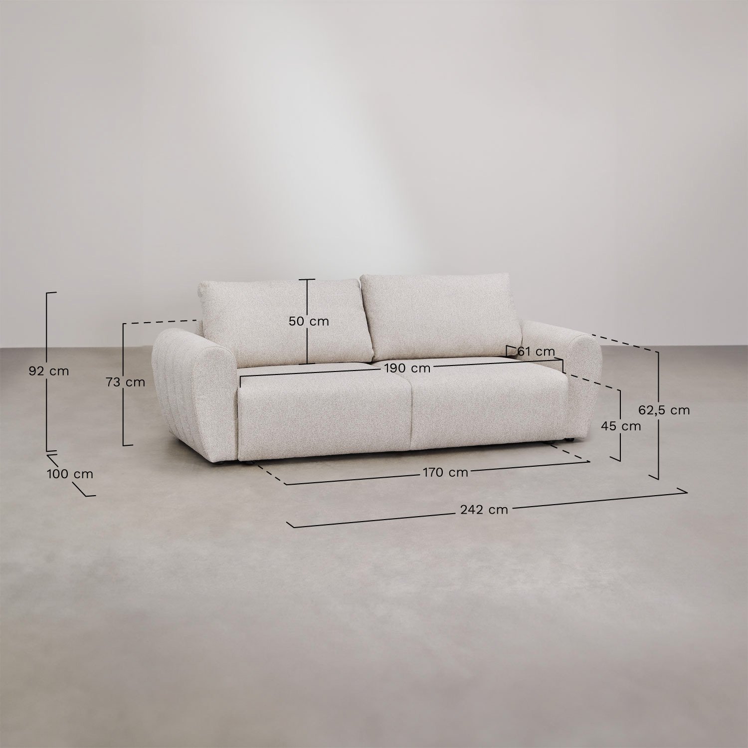 3-seater sofa bed in bouclé fabric Ohio, medidas