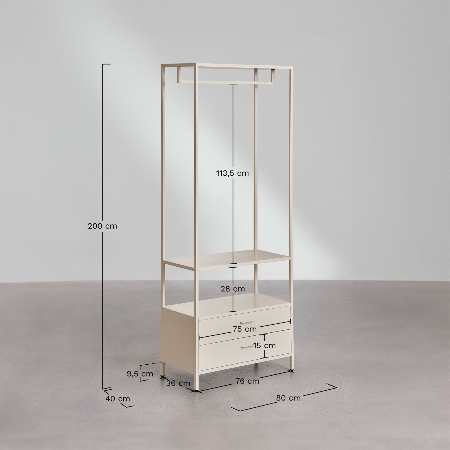 Janine open wardrobe with steel drawers, medidas