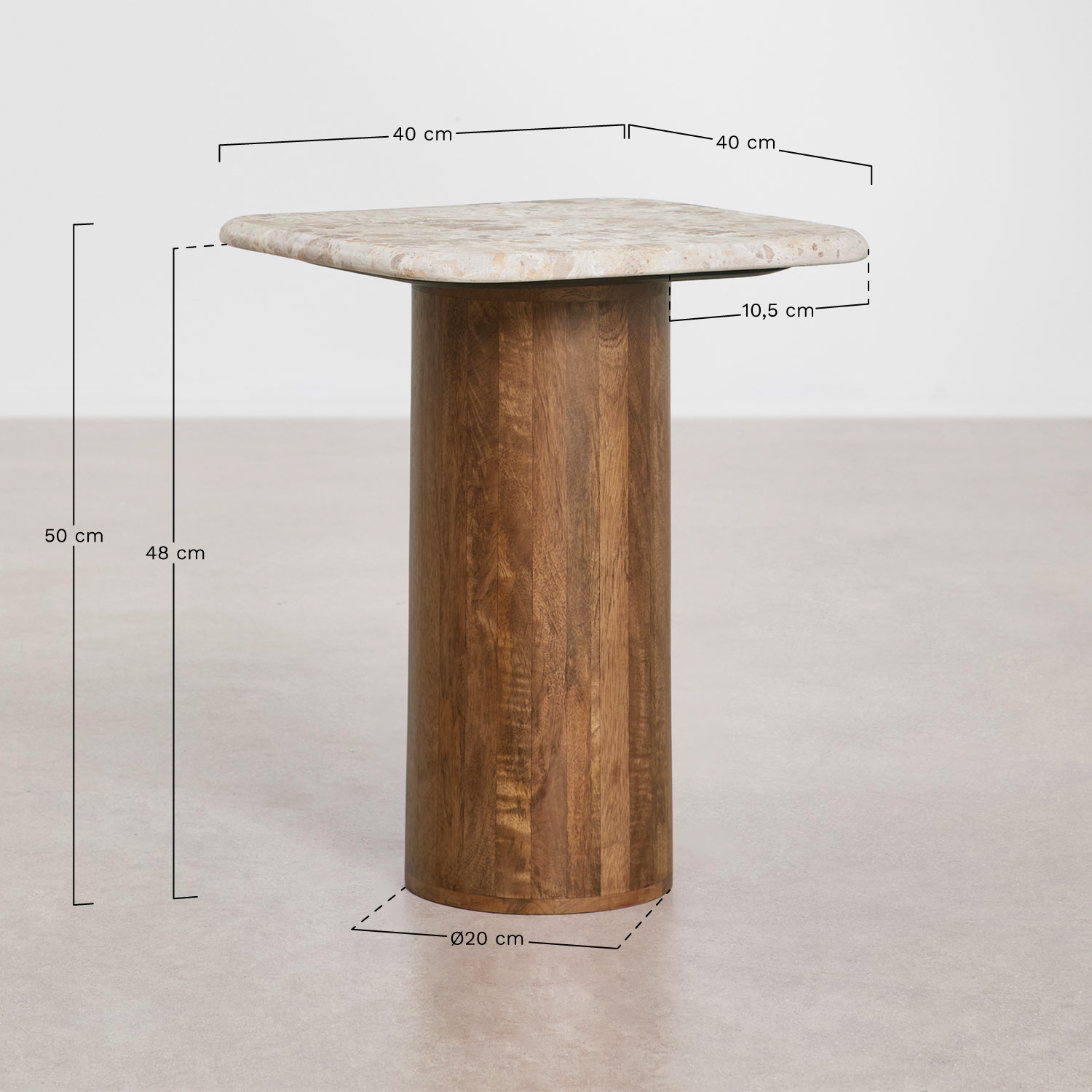 Square side table 40x40 cm Merieines, medidas