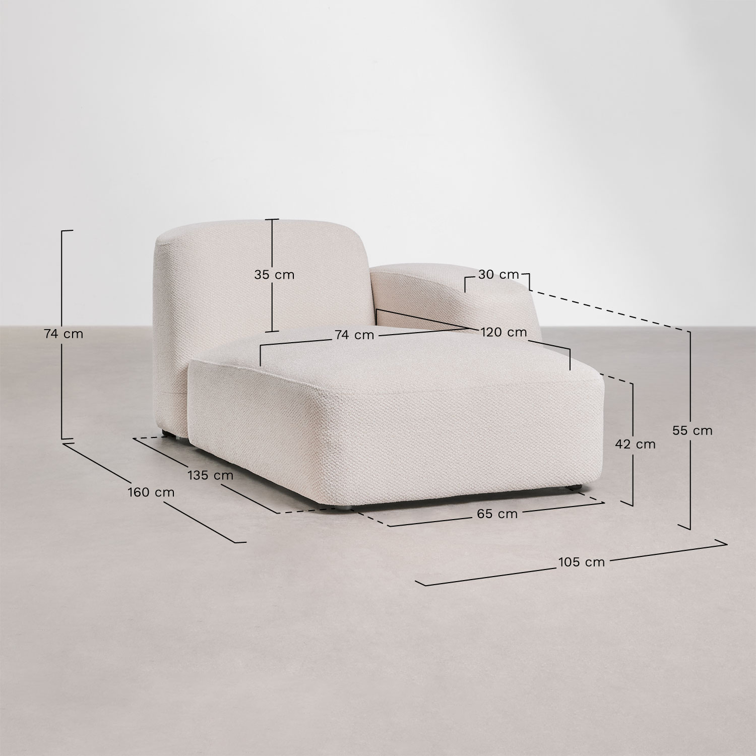 Right chaise longue module for Bastian modular sofa, medidas
