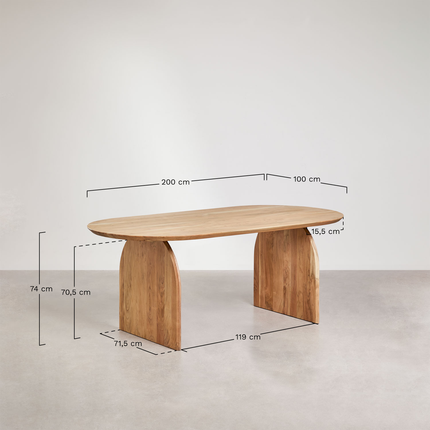 Oval dining table in acacia wood (200x100 cm) Bedum, medidas