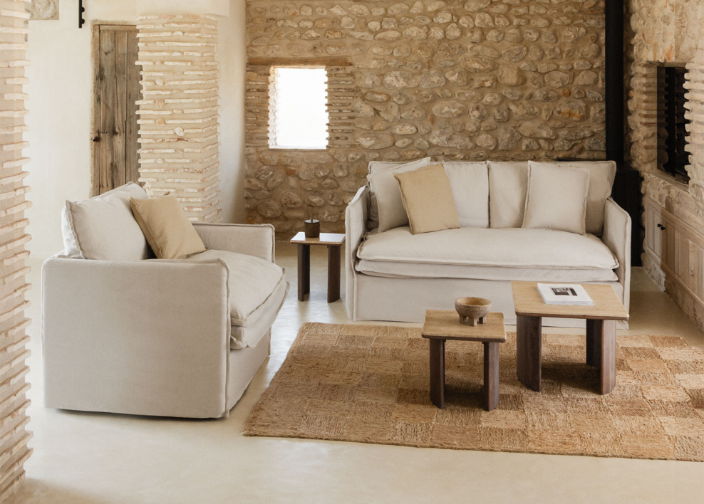 Living room set with 2-seater sofa and armchair in linen and cotton Grace - Fabric Beige