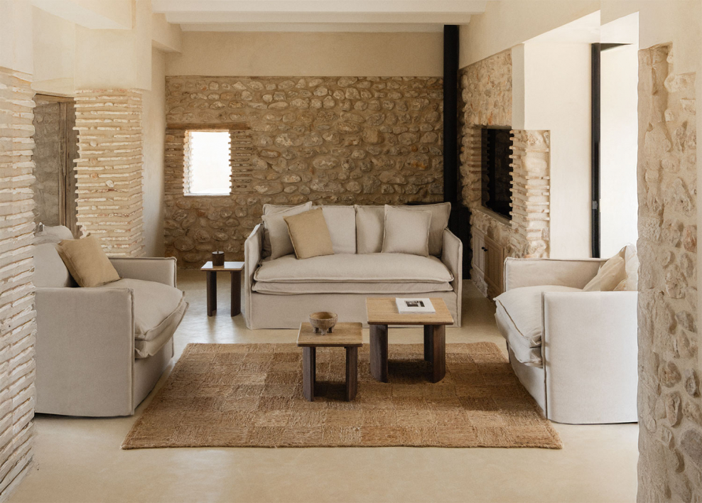 Living room set with 2-seater sofa and 2 armchairs in linen and cotton Grace - Fabric Beige