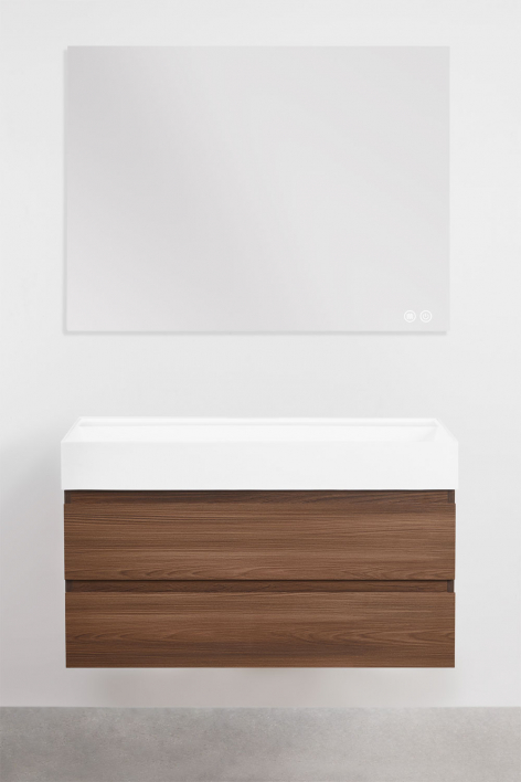 Ona suspended bathroom furniture set in wood and ash veneer with integrated sink - Dark Brown Wood