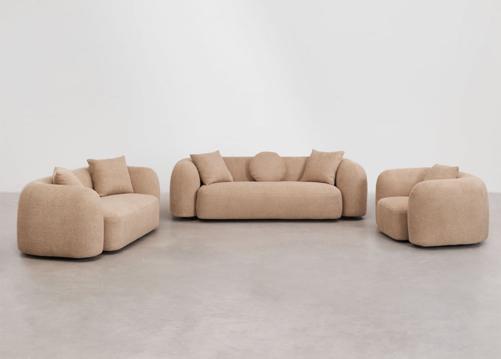 Living room set with 3-seater modular sofa, 2-seater sofa and armchair in Coco chenille - Latte Brown Thick Chenille