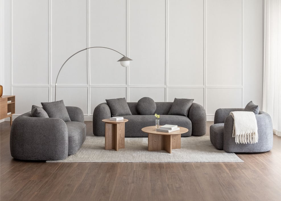 Living room set with 3-seater modular sofa, 2-seater sofa and armchair in Coco chenille