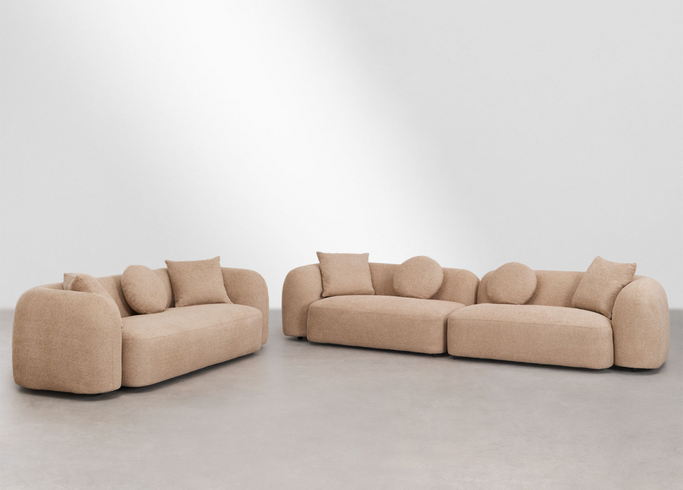 Living room set with 2-piece modular sofa and 3-seater sofa in Coco chenille - Latte Brown Thick Chenille
