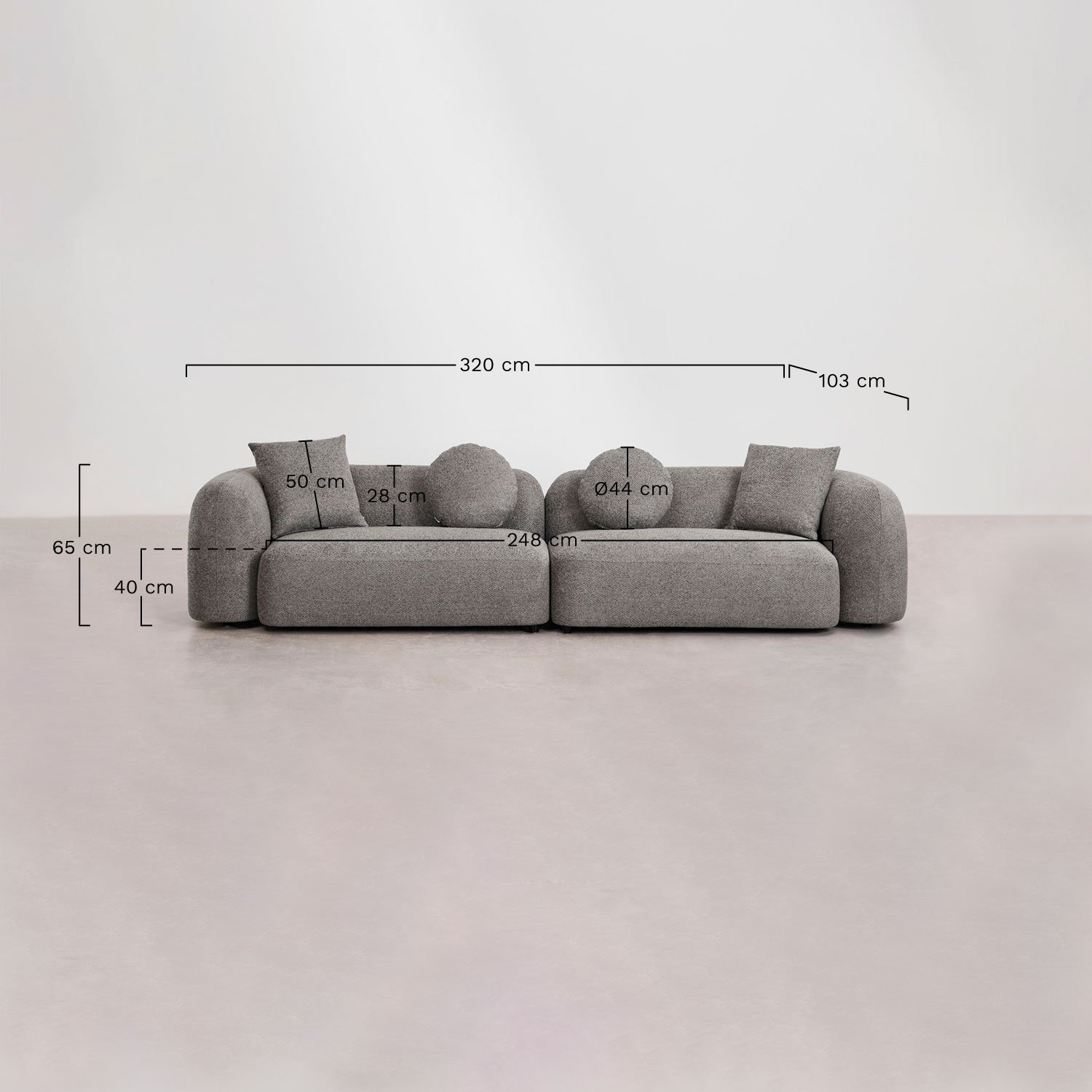 Living room set with 2-piece modular sofa and 3-seater sofa in Coco chenille, medidas