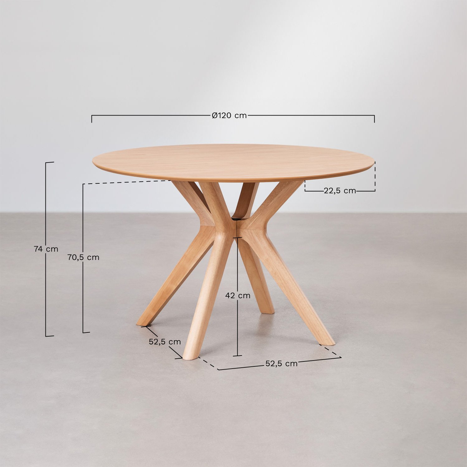 Round dining table Ø120 cm in MDF and Arnaiz rubber wood veneer, medidas