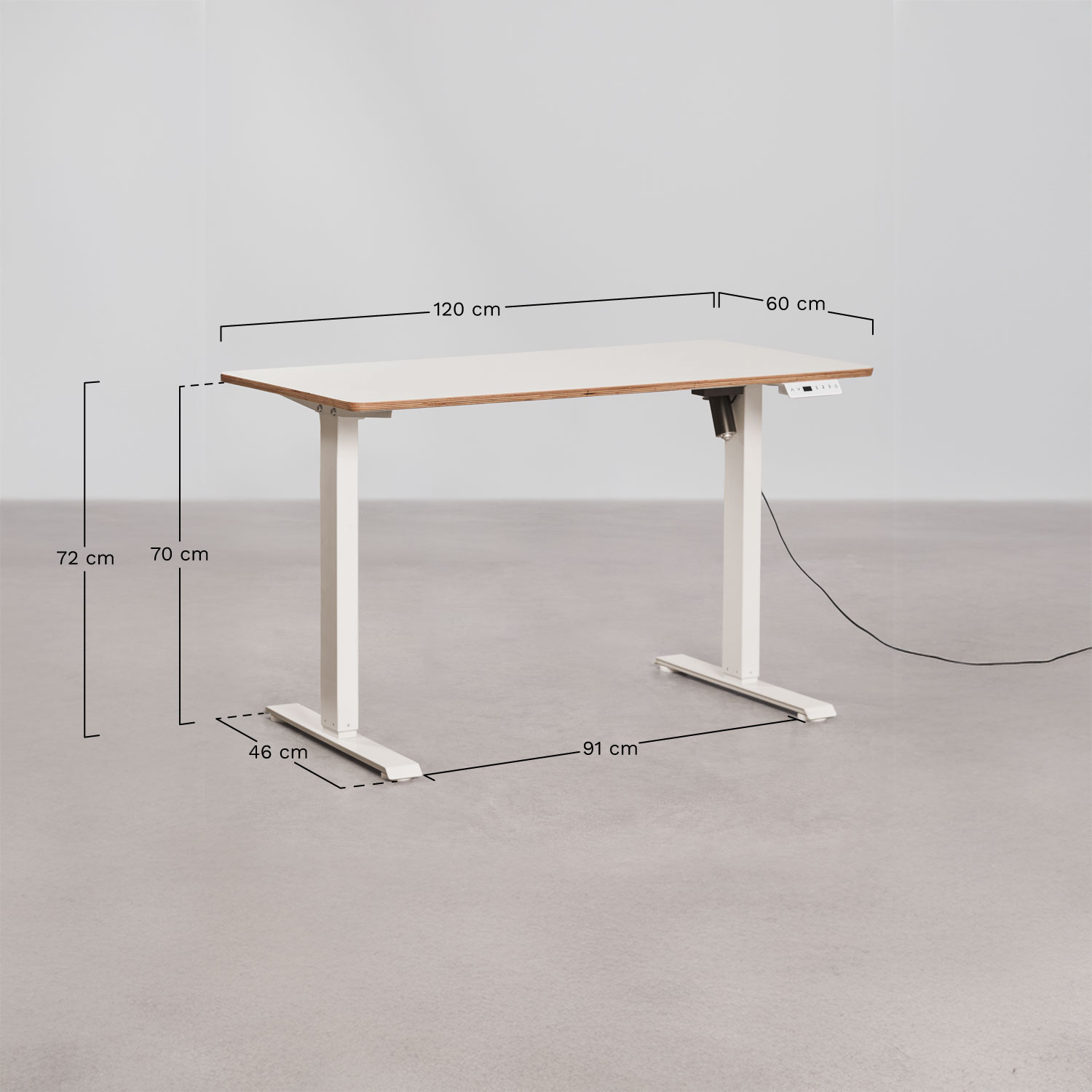 Serpi Rectangular Electric Lift Desk 120x60 cm with Memory Function in Wood and Iron, medidas
