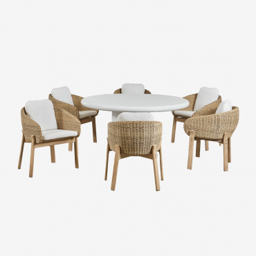 Namara Cement Round Table Set, 140 Cm Diameter, And 6 Leilan Acacia Wood Garden Chairs. White - Sklum