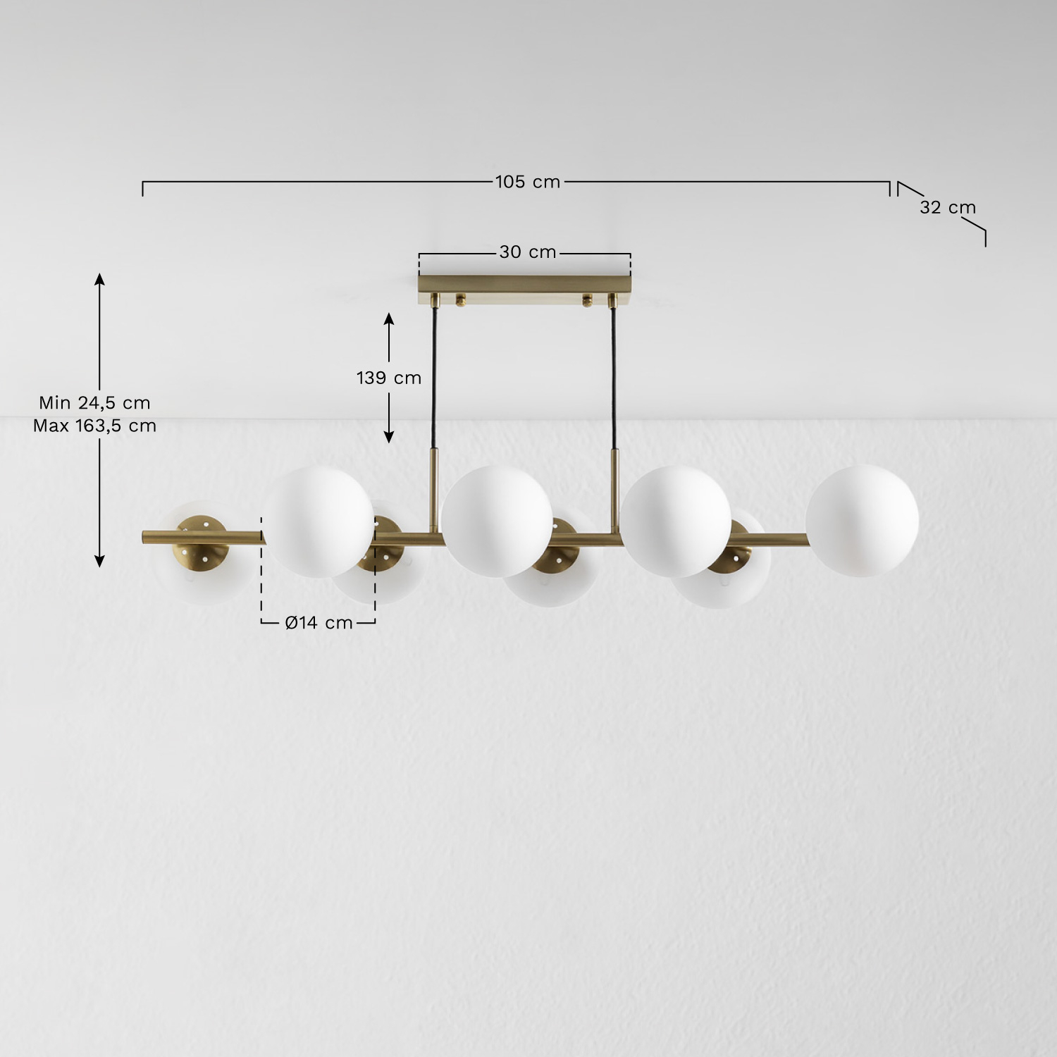 Uvol iron and glass ball ceiling lamp, medidas