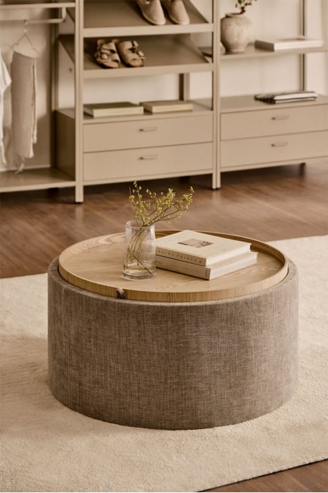 Berkeleni round upholstered coffee table with tray and storage
