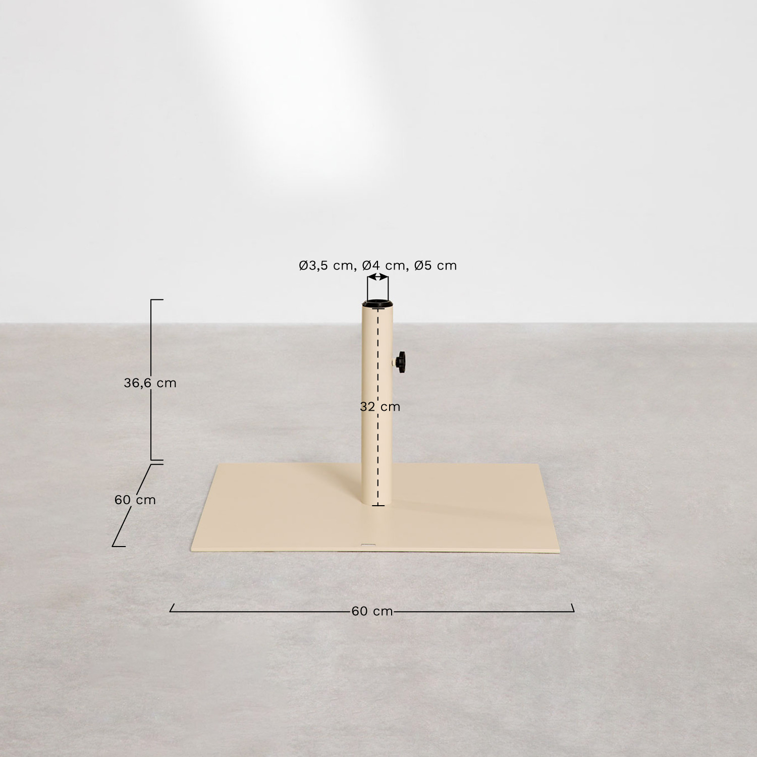 Square parasol base 60x60 cm in Peuet steel, medidas