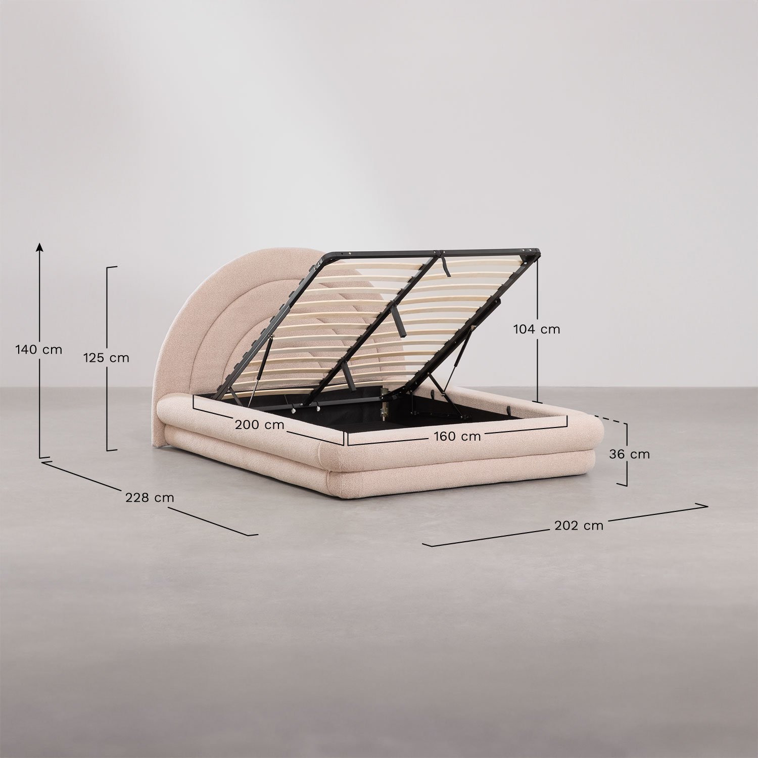 Bed with lift-up storage base in Borzensi bouclé fabric, medidas