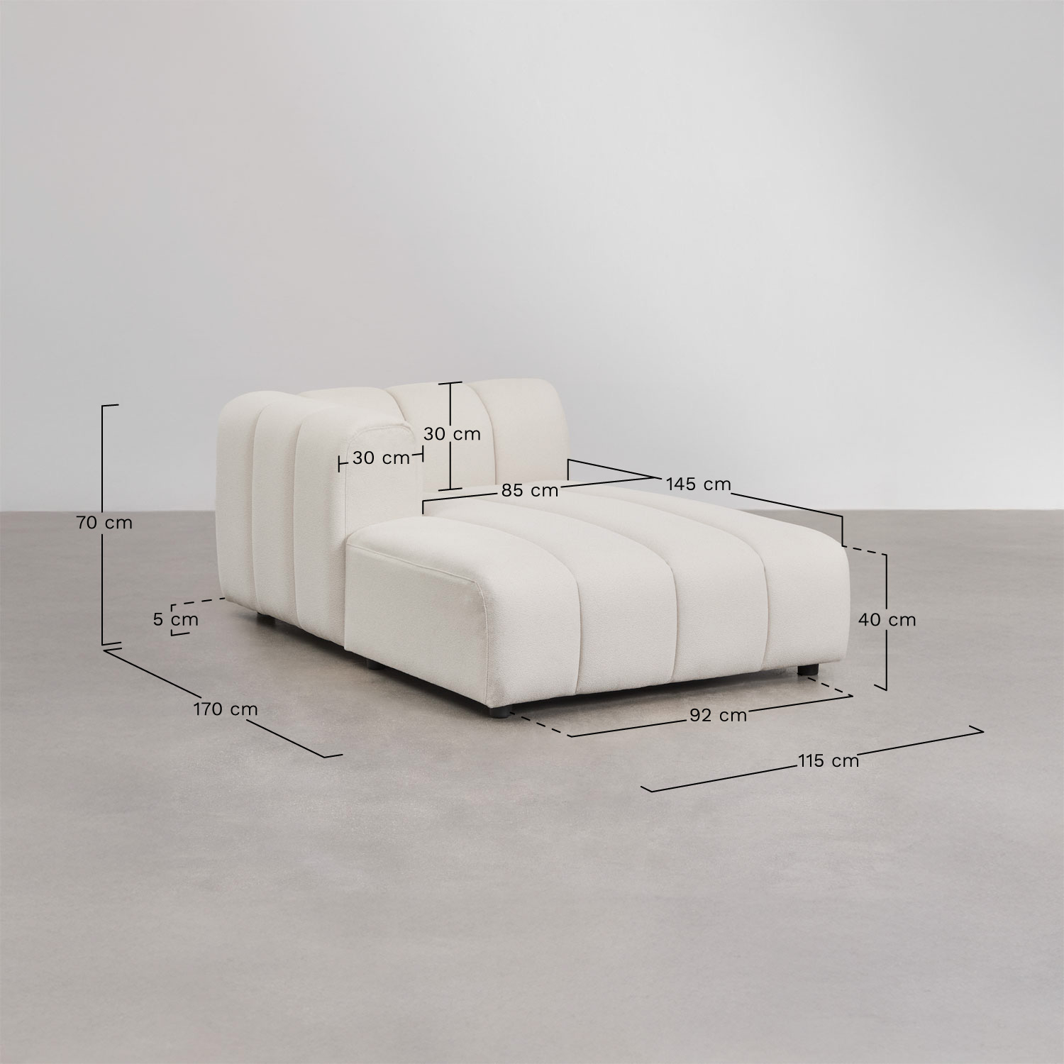 Left chaise longue module for modular sofa in Eliot bouclé fabric, medidas