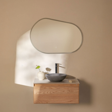 Tedrik Ash Wood Bathroom Furniture Set Brown Ash & Round Grey Cement Ø40 Cm Tarsis & Oval Led And Anti-fog 100x80 Cm Meunier & Black - Sklum