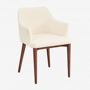 Banfil Sheepskin Dining Chair With Armrests Dark Brown Wood & Teddy Fabric White - Sklum