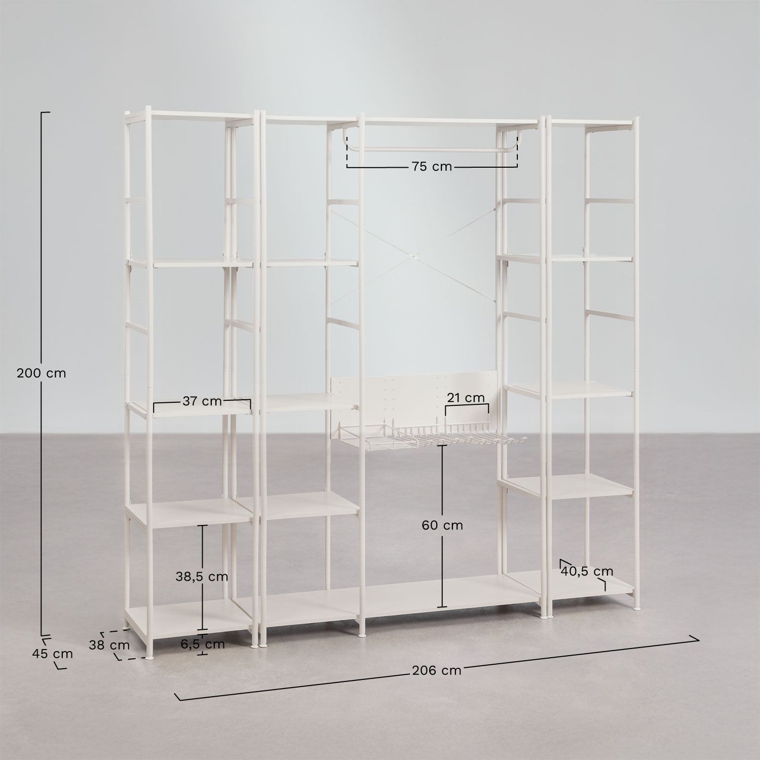Elviah 3-piece open modular wardrobe with 2 iron shelves, medidas